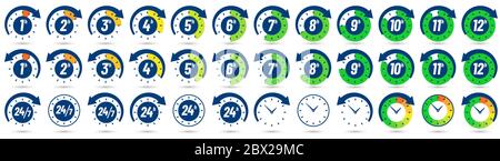 Color hours icon. Timer from 1 to 12 hours, time ago and next label dial with arrow. Clock, 24 7 and 24h available vector icons set Stock Vector