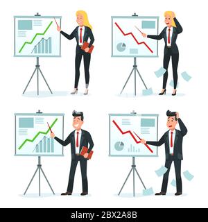 Businessman and businesswoman making presentation chart graphic Stock Vector