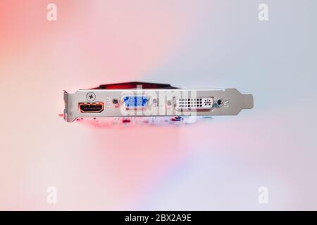 gpu Graphics Proccesing Unit white background on white background details macro blue red light chip Stock Photo