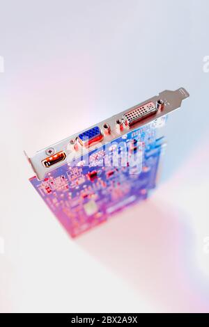 gpu Graphics Proccesing Unit white background on white background details macro blue red light chip Stock Photo