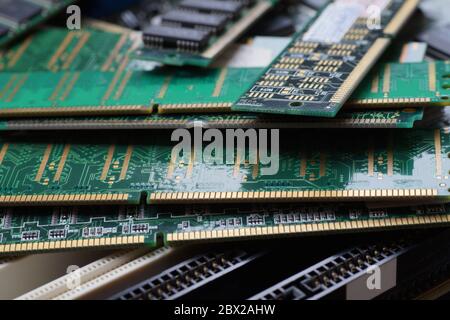 RAM modules, designed to recover valuable raw materials, including gold. Big close-up. Stock Photo