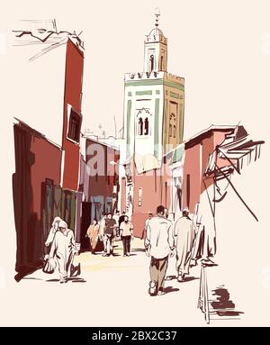 Street market in Marrakech, Morocco - vector illustration (Ideal for printing on fabric or paper, poster or wallpaper, house decoration) Stock Vector
