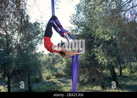 Young girl acrobat. Practicing aerial silks. Strong woman doing circus stunts with clothes in the forest. Scorpio position. Stock Photo