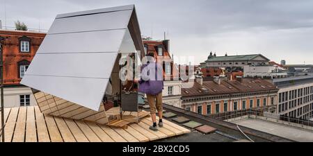 Munich Germany 04th June 2020 A Small Wooden House Stands On The Roof Of A Munich Parking Garage The 28 Year Old Artist Jakob Wirth Built The House On 04 06 2020 With The Help Of