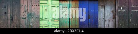 Collage of old rustic wooden front doors in a rural spanish village Stock Photo