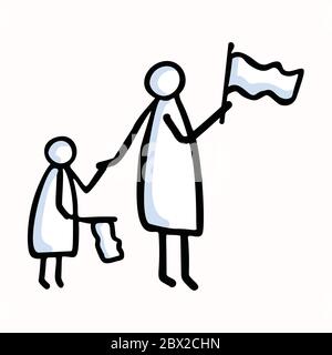 Mother and Child Stick Figure People Waving Flag. Hand Drawn Isolated Human Doodle Icon Motif. Clip Art Element. Black White For Encouragement Stock Vector