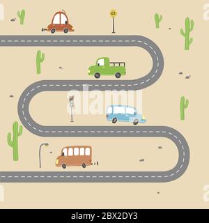 Set of cartoon cute kids and toy style cars and other transport, truck, taxi, fire truck, ship, excavator, bus, air balloon. Isolated vector illustration. Stock Vector