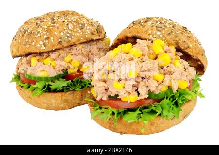 Two tuna fish and sweetcorn sandwich rolls with fresh salad isolated on a white background Stock Photo