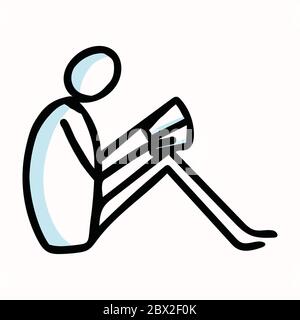 Reading Stick Figure Person Sitting with Book or Journal. Hand Drawn Isolated Human Doodle Motif Element in Flat Color. For Education, Literature Stock Vector