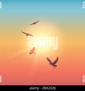 flying birds in sunny colorful sky vector illustration EPS10 Stock Vector