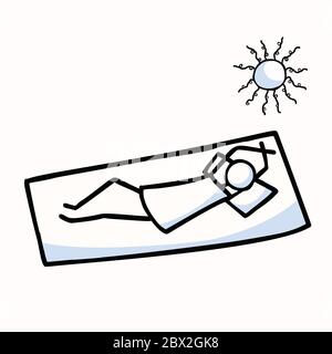 Sunbathing Vector Stick Figure Person. Relaxing & Tanning In Sun. Hand Drawn Isolated Human Doodle Icon Motif Element in Flat Color. For Vacation Stock Vector