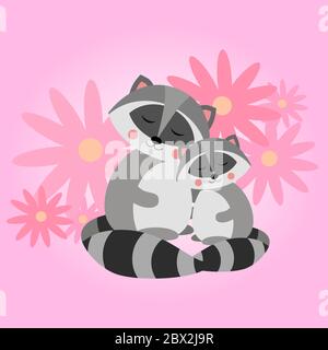 Cute raccoon. Mother and kid. North American raccoon, native mammal. Cartoon animal design. Flat vector illustration Stock Vector