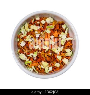 Dehydrated and Dried Onion, Carrot and Celery Seasoning Spice for Chicken Soup Isolated on White Stock Photo