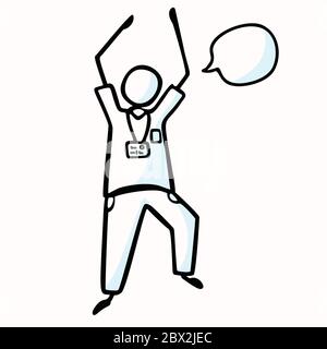 Hand Drawn Stick Figure Physiotherapist with Speech Bubble & Xray Chart. Concept Health Care Medical Hospital. Cartoon Icon Motif for Rehab Treatment Stock Vector