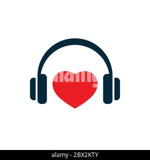 Headphones and heart shape on white background. Flat vector headphones design. Stock Vector