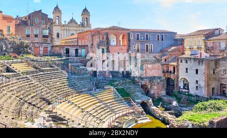 Panoramic view of Catania with ancient roman theater, Sicily, Italy Stock Photo