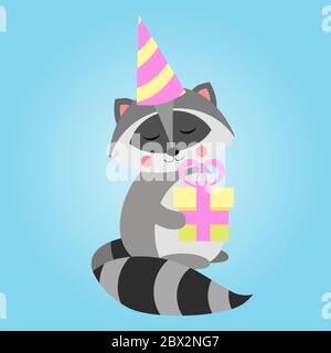 Cute birthday raccoon. North American raccoon, native mammal. Cartoon animal design. Flat vector illustration isolated on blue background. Stock Vector