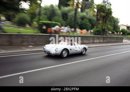 Sirmione/Italy - May 18, 2017:Porsche 550 Spyder competing in the Mille Miglia race through Sirmione, Lake Garda Classic car Stock Photo