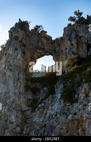 Italy, Campania, Capo Palinuro - 11 August 2019 - The weather station seen through the small windows in the rock Stock Photo