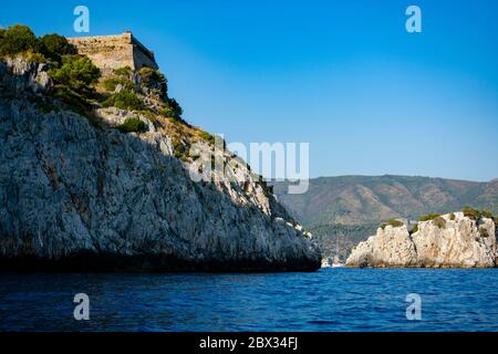 Italy, Campania, Palinuro Cape - 11 August 2019 - The rocks overlooking the sea of Capo Palinuro Stock Photo