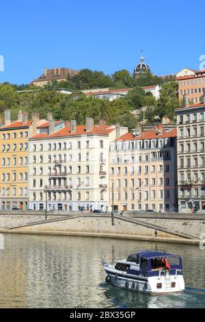 France, Rhone, Lyon, area listed as World Heritage by UNESCO, the Saone and the Quai Saint Vincent (Les Chartreux district) Stock Photo