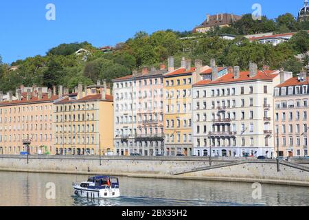 France, Rhone, Lyon, area listed as World Heritage by UNESCO, the Saone and the Quai Saint Vincent (Les Chartreux district) Stock Photo