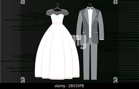 mock up illustration of couple wedding dress on abstract dark background Stock Vector