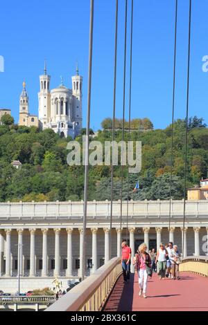 France, Rhone, Lyon, area listed as World Heritage by UNESCO, view from the Passerelle du Palais de Justice on the historic courthouse (palace of twenty four columns) in neo classical style and the Notre Dame basilica Fourviere (late 19th century) Romano Byzantine style Stock Photo
