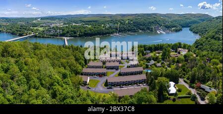 Panorama of a townhome development at Cheat Lake from aerial drone shot near Morgantown, West Virginia Stock Photo