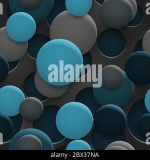 Abstract seamless pattern of holes and circles with shadows in light blue and gray colors on black background Stock Vector