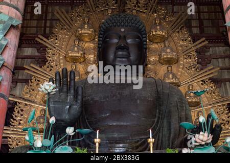 Nara / Japan - May 12, 2018: Daibutsu large bronze statue of Buddha in the Todai-ji temple, UNESCO World Heritage Site in Nara, Japan Stock Photo