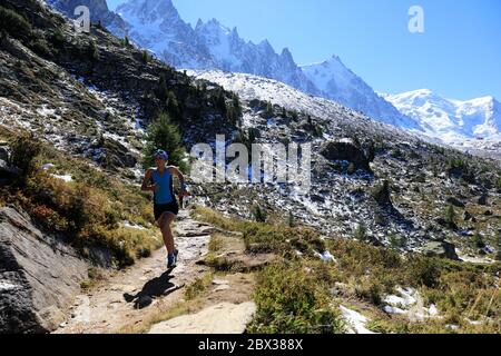 France, Haute Savoie, Chamonix-Mont-Blanc, Massif du Mont Blanc, trail running, on the North balcony which goes from the Plan de l'Aiguille (2310 m) to Montenvers (1913 m) Stock Photo