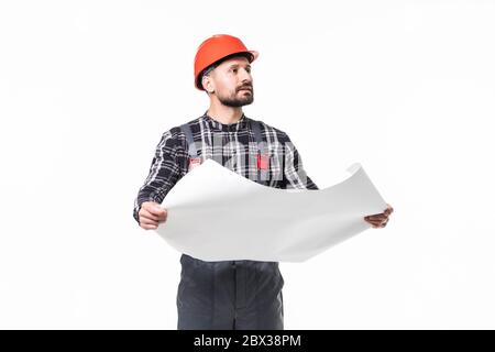 Happy smiling builder in helmet with blueprint over white background Stock Photo