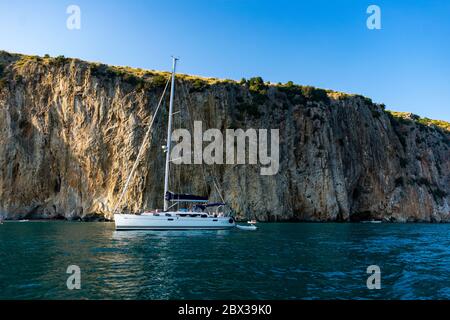 Italy, Campania, Capo Palinuro - 11 August 2019 - A beautiful boat on the cliff Stock Photo