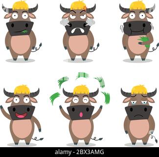 Cute buffalo cartoon vector set in different emotion isolated on white background - Vector illustration Stock Vector