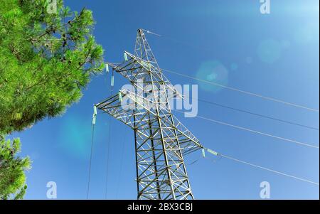 High-voltage transmission pylon against a blue sky, sun and green branches. Close up Stock Photo