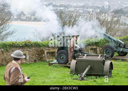 Falmouth.Cornwall.United Kingdom.February 21st 2020.The 25 pounder cannon is being fired at Pendennis castle in Falmouth Stock Photo