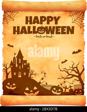 Halloween silhouette vector illustration (Tattered old paper with curled edge) Stock Vector