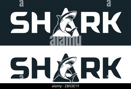 Angry black or tiger shark silhouette mascot character vector illustration isolated on white background. Perfect to use for printing on tshirts, mugs, Stock Vector