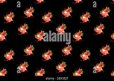 seamless pattern strawberries in red juice splash on a black background. Stock Photo