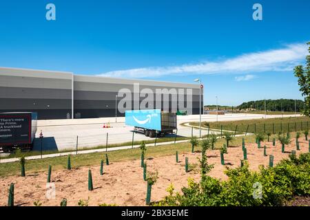 Two trailers outside a large regional distribution warehouse Stock Photo