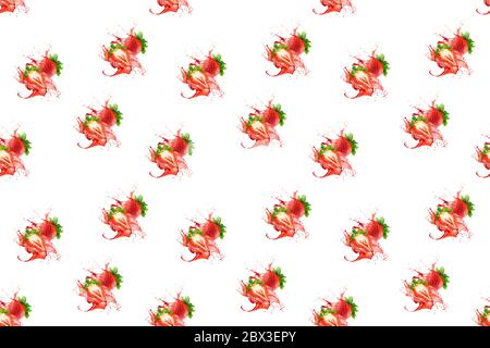seamless pattern strawberries in red juice splash on a white background. Stock Photo