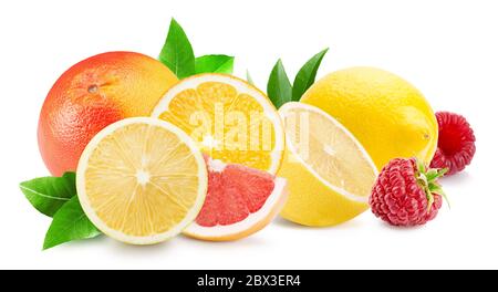 citrus mix with raspberries isolated on a white background. Stock Photo