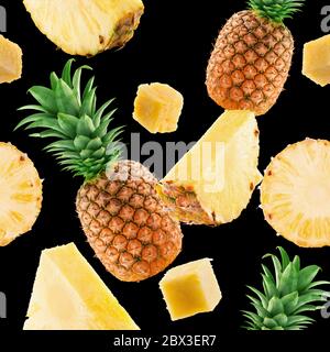 seamless pattern with pineapple and pineapple slices on a black background. Stock Photo