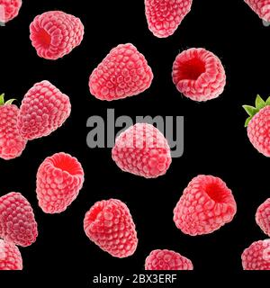 seamless pattern with raspberries on a black background. Stock Photo