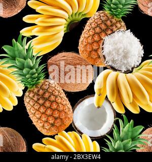 seamless pattern with exotic fruits on a black background. Stock Photo