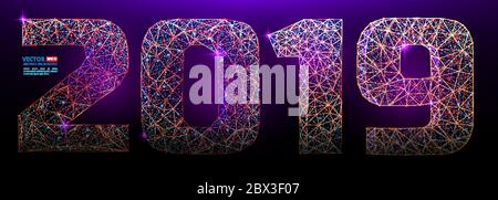 Abstract polygonal numbers for New Year 2019 with texture of starry sky or space universe. Vector illustration of wireframe numbers consisting of poly Stock Vector