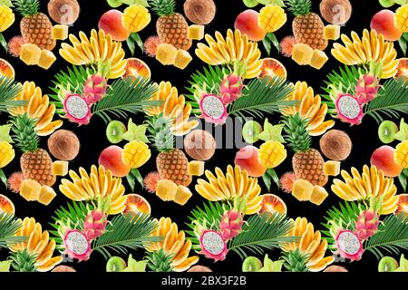 seamless pattern with exotic fruits on a black background. Stock Photo