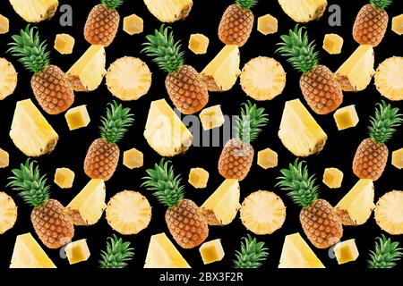 seamless pattern with pineapple and pineapple slices on a black background. Stock Photo