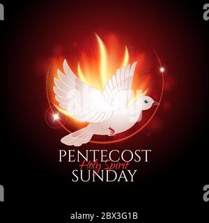 Greeting card or banner to Pentecost Sunday with flame and holy spirit dove. Catholics and Christians Religious culture holiday. Perfect to use in adv Stock Vector